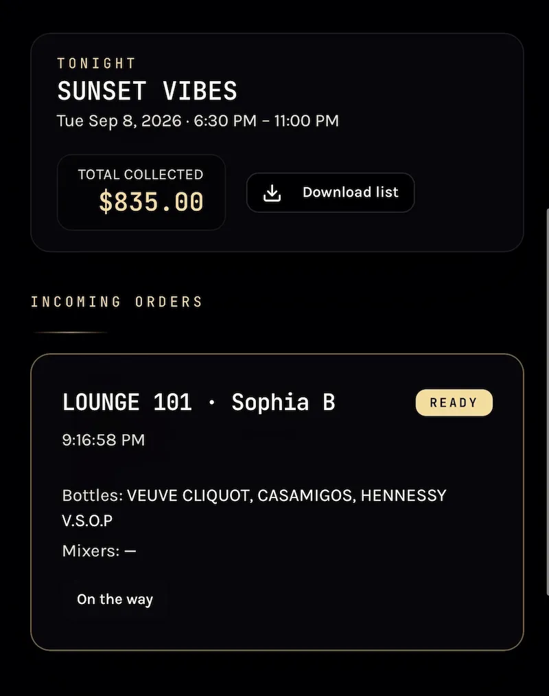 Bar queue showing an incoming bottle order marked ready