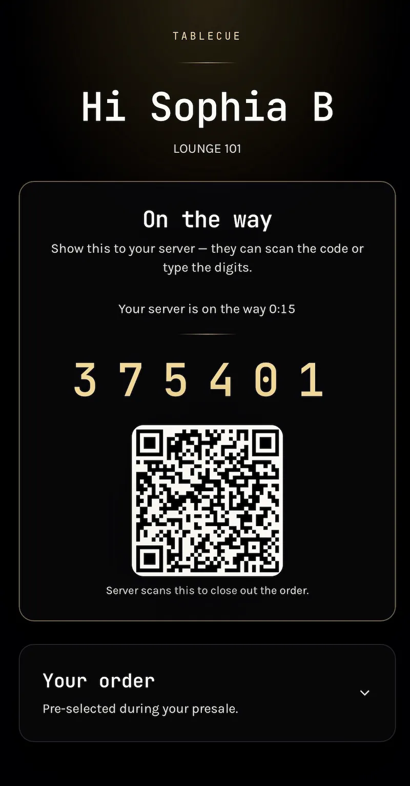 Guest Cue showing a delivery code and QR code